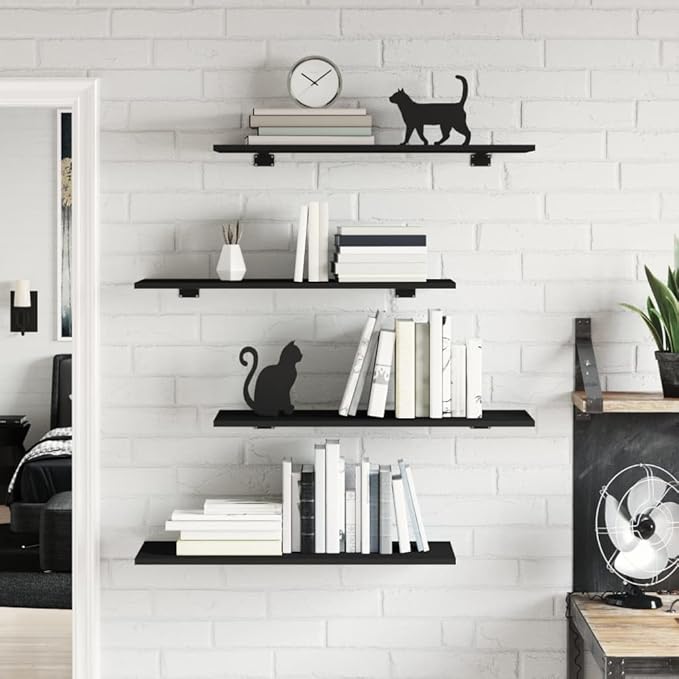 Wall Mounted Shelf Set of 4 Black Engineered Wood 31.5 x 11.8 x 0.6 Inch Modern Bookshelf for Living Room Kitchen Storage and Display