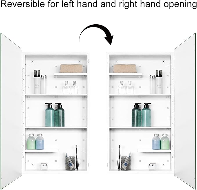 Fundin White Medicine Cabinet Recessed or Surface Mount, Bathroom Medicine Cabinet with 20 x 36 Mirror Size and Adjustable Staggered Shelves