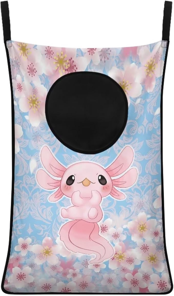 ZOUTAIRONG Cute Axolotl Hanging Laundry Hamper Saving Space Laundry Bag Pink Cherry Blossom Laundry Basket Over The Door Storage Bags for Bedroom Home Dirty Clothes Hampers Blue
