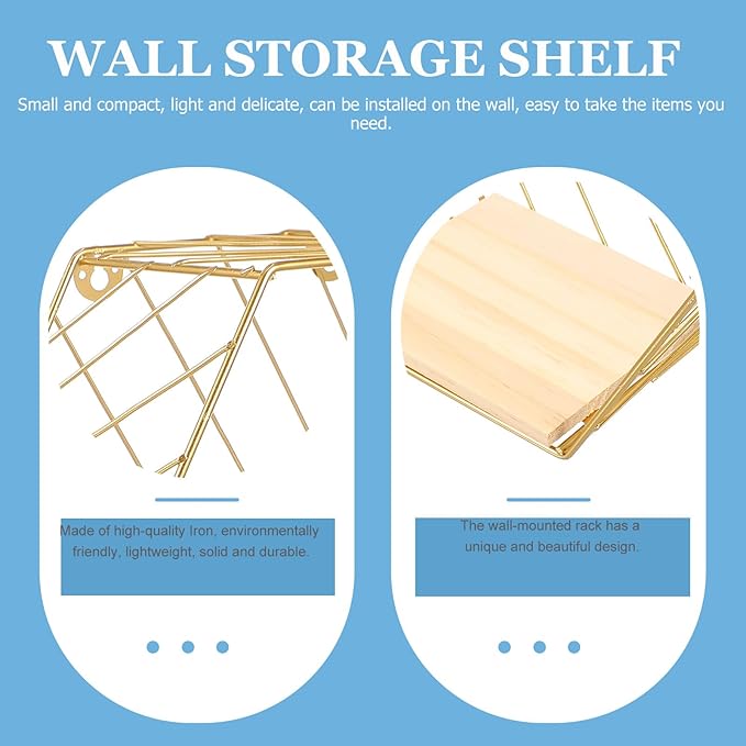 BESPORTBLE Wall-Mounted Iron Storage Shelf, Kitchen Wall Rack with Gold Hexagon Design, No-Drill Decorative Floating Shelf for Bathroom and Home Organization