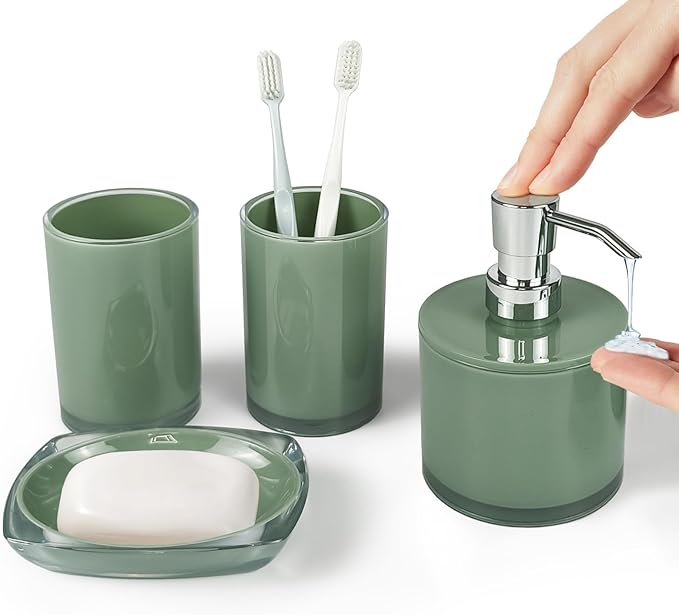 Thickened Bathroom Accessories Set, 4-Piece Bathroom Accessories Set with 2 Toothbrush Cups, Soap Dispenser, Soap Dispenser (Olive Green)