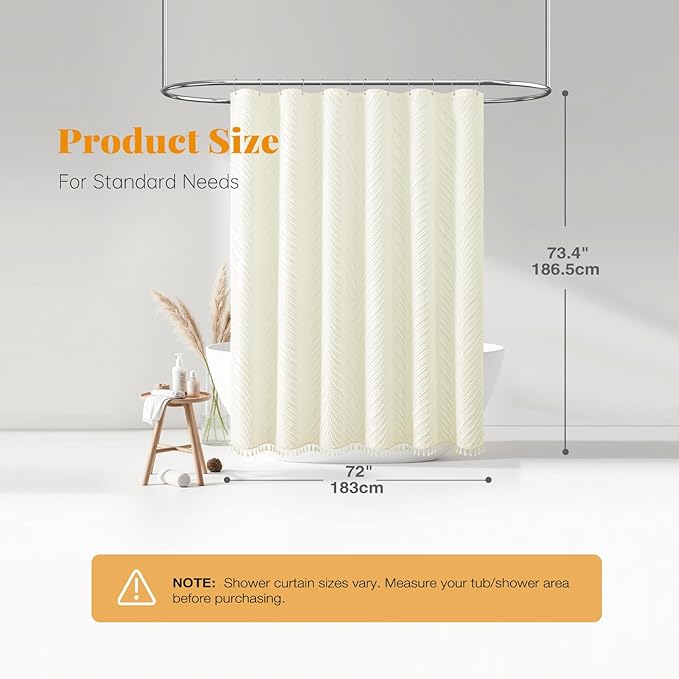 BTTN Cream Boho Farmhouse Shower Curtain, Tufted Leaves Textured Striped Fabric Shower Curtain Set with Tassels, Water Repellent, Modern Minimalist Vintage Cloth Shower Curtains for Bathroom, 72 x 72