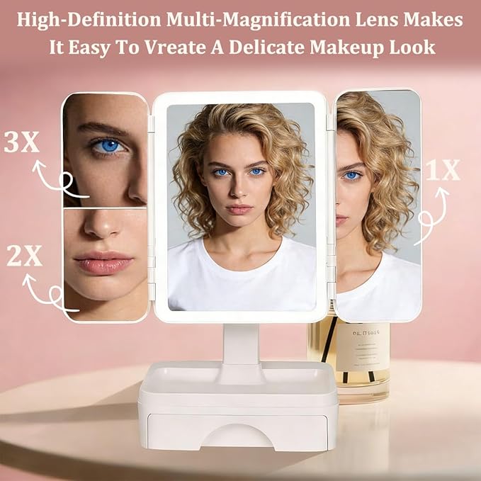 Tri Fold Lighted Makeup Mirror with Storage & 3X Magnification, Small Vanity Mirror, 3-Color Dimmable LED Vanity Mirror, Touch Control Vanity Mirrors, Travel Makeup Mirror for Women (White)