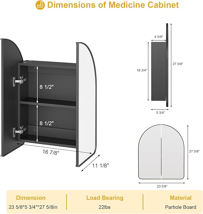 Arched Medicine Cabinet with Mirror,PVC Arched Black Medicine Cabinets Mirror,24x28 Mirrored Medicine Cabinets for Bathroom Mirror Cabinet,Surface Mount Medicine Cabinet,botiquines de baño