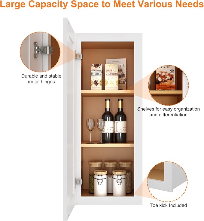 ROOMTEC Wood Wall Cabinet,RTA Single Door Medicine Cabinet with Adjustable Shelves and Soft-Close Door for Kitchen, Bathroom, and Laundry. 12" D*15" W*30" H, Traditional White