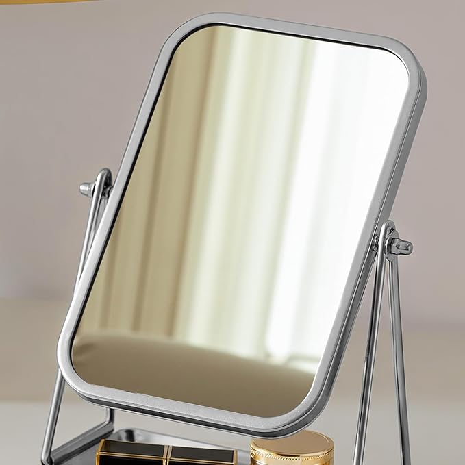 Small Desk Mirror with Storage Tray Silver Iron Frame Standing Mirrors for Desk Countertop Makeup Mirror with 360 Degree Swivel Portable Vanity Mirror for Living Room Bedroom Bathroom