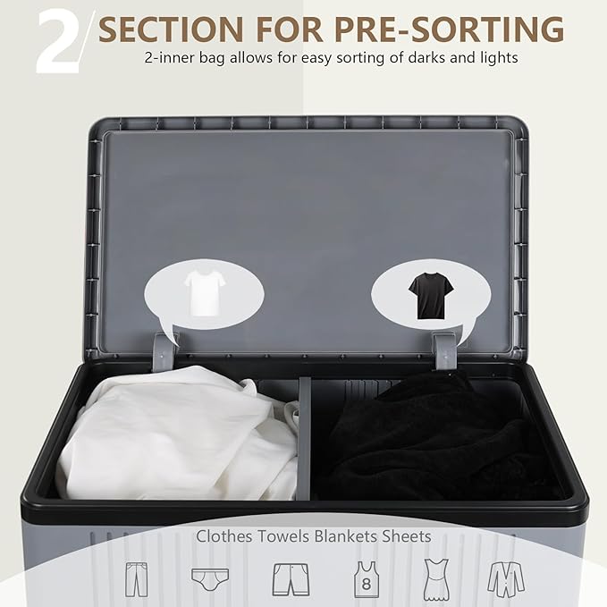 Morcte 120 L Double Laundry Hamper with Lid and Wheels, Collapsible 2 Section Plastic Laundry Hamper, Gray