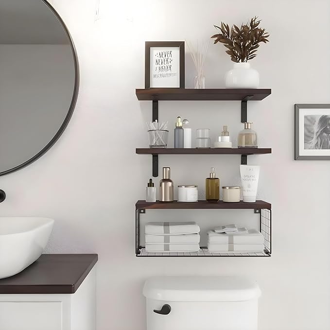 Bathroom Shelves Over Toilet, Set of 3 Wall Mounted Floating Shelves with Storage Basket Rustic Wood Shelf for Home Organization, Wall Decor for Bathroom, Kitchen, Living Room. (Brown)