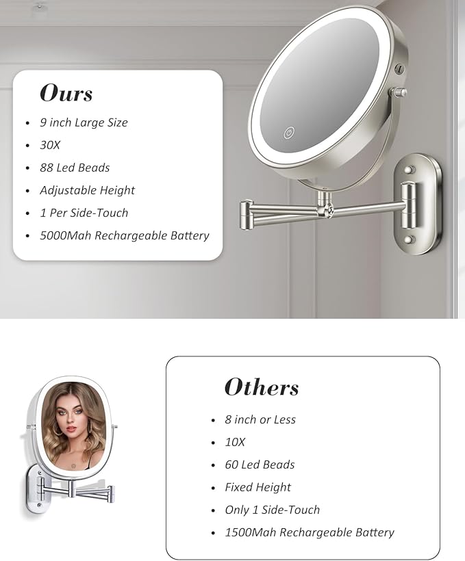 9'' 30X/1X Wall Mounted Lighted Makeup Mirror, Height Adjustable Double Sided 5000mAh Rechargeable Magnifying Bathroom Mirror with Light, 3 Color Modes Touch Dimmable Extended Arm 360 Rotation