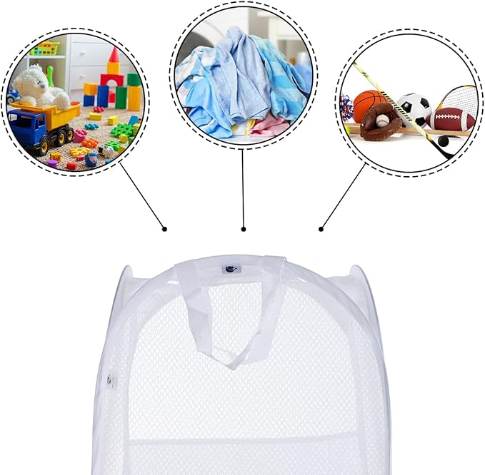 SPINFOX Pop Up Collapsible Laundry Baskets, 2 Pack Foldable Mesh Popup Laundry Hamper with Reinforced Carry Handles, Mesh Laundry Basket for Kids Room College Dorm or Travel(White)