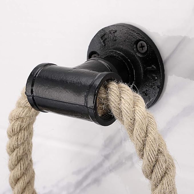Sumnacon Industrial Pipe Rope Towel Ring - Wall-Mounted Metal Towel Rack/Bar with Hardware,Vintage Style Iron Hand Towel Holder for Shower/Bathroom/Bedroom/Kitchen, Electroplated Black Finish