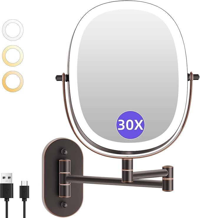FUNTOUCH 30X/1X Wall Mounted Lighted Makeup Mirror, 5000mAh Rechargeable Double Sided Magnifying Bathroom Mirror, 3 Color Modes Touch Dimmable Extended Arm 360 Rotation, Antique Bronze