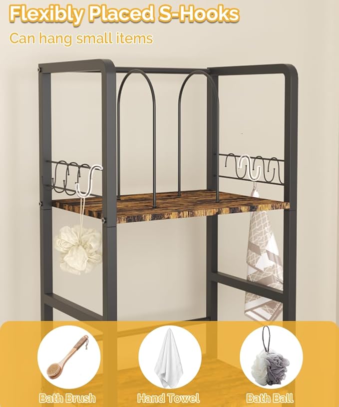 Mondazie Free Standing Towel Racks for Bathroom with U-Shaped Detachable Dividers, 3-Tier Floor Towels Holder Stand with Shelf & 8 S-Hooks, Metal Pool Towel Storage Organizer for Home, Poolside, Black