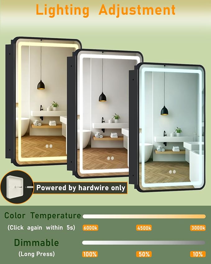 16x24 Inch LED Medicine Cabinet Mirror, Bathroom Mirror with Lights and Storage Wall Mounted & Recessed with Anti-Fog, Dimmable 3 Color Light with Memory, 2 Shelves & 1 Organizer Box, Right Hinge