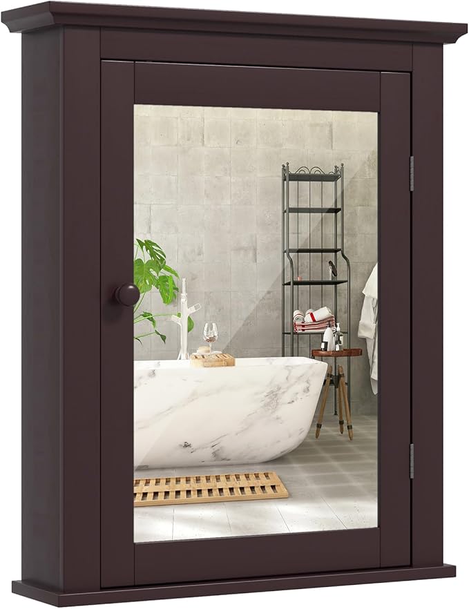 COSTWAY Bathroom Medicine Cabinet with Mirror, Wall-Mounted Storage Cabinet Organizer with 5-Position Adjustable Shelf, Hanging Bathroom Wall Cabinet for Living Room Bedroom Entryway (Brown)