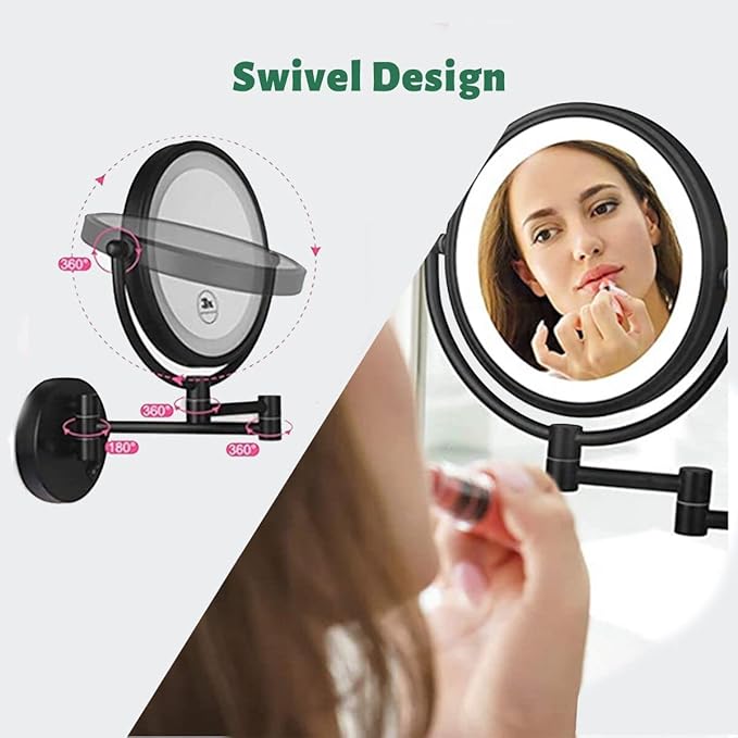 Hardwire LED Lighted Wall Mount Gold Makeup Mirror with 10x Magnification for Bathroom and Bedroom,13" Extendable Arm (Black)