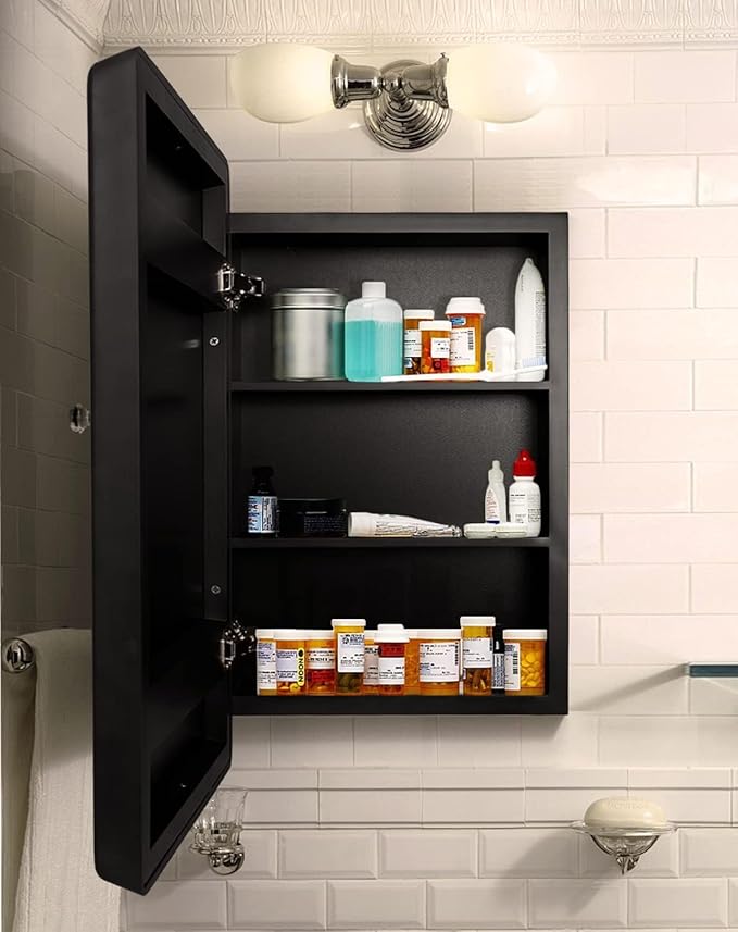 24”x16” Recessed Wood Medicine Cabinet with Mirror for Bathroom – Wall-Mounted Wooden Bathroom Cabinet with Adjustable Storage Shelf (Black, 16“x24)