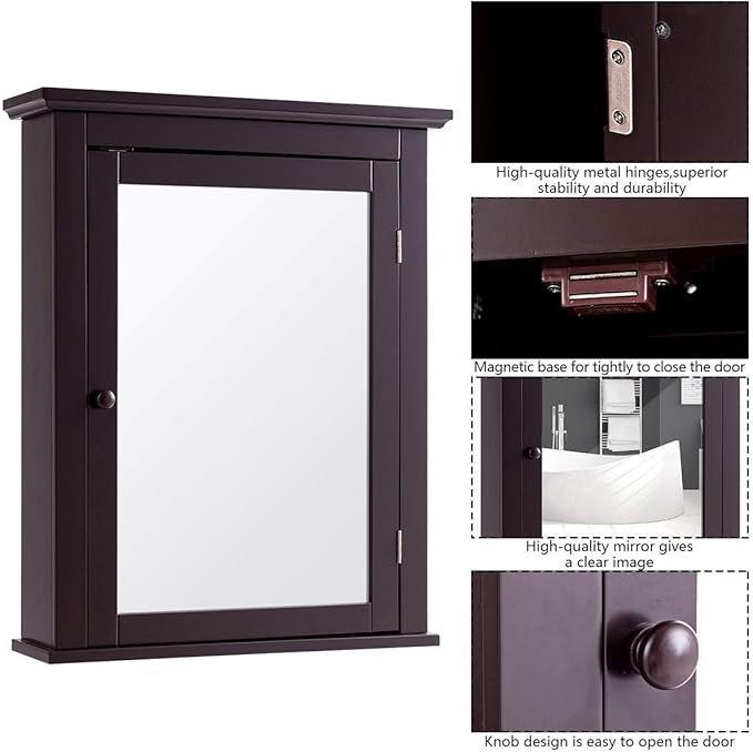 Tangkula Bathroom Cabinet with Mirror, Mirrored Wall-Mounted Storage Medicine Cabinet w/Single Door & Adjustable Shelf in 5 Positions, Multipurpose Wall Cabinet for Bathroom (Brown)