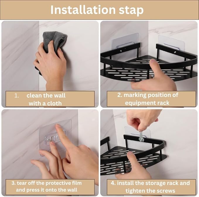 Self Adhesive Aluminum Corner Shelf for Bathroom & Kitchen | Wall Mounted Storage Rack Organizer | No Drilling Bathroom Accessories Holder (Black,Pack of 2)