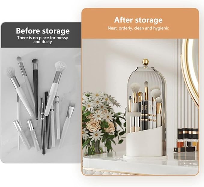 Makeup Brush Holder Organizer -360° Rotating Luxury Cosmetic Organizer With Lid Desktop Makeup Organizer Lipstick Eyebrow Pencil Holder Eye Shadow Storage Box
