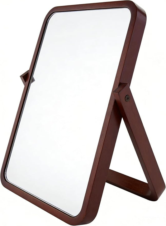 Honeystore Solid Wood Makeup Mirror, 360° Rotating Desktop Vanity Mirror, 9" x 7.1" HD Silver Mirror, Natural Wood Frame, Portable Tabletop & Wall Hanging Cosmetic Mirror (Dark Brown)
