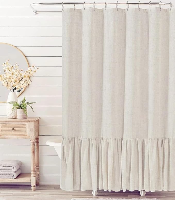 Felisa Extra Long Farmhouse Shower Curtain with A Ruffle Hem,72 x84 inches Linen Blend Shower Curtain for Bathroom,Natural