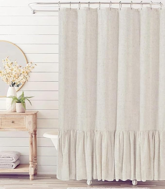 Felisa Extra Long Farmhouse Shower Curtain with A Ruffle Hem,72 x84 inches Linen Blend Shower Curtain for Bathroom,Natural