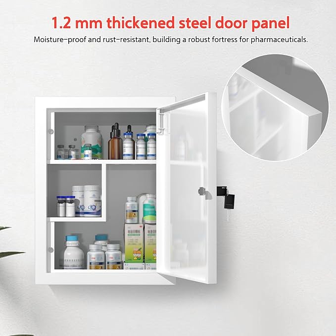 Locking Medicine Cabinet Wall-Mount: Storage Cabinet with Lock & Key - White Metal First Aid Kits for Childproofing and Family Safety