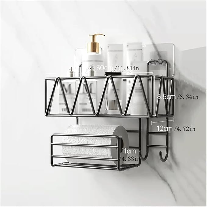 Bathroom Shelves , Toilet Wall Storage Rack Washstand Double Layer Cosmetic Storage Rack with Tissue Holder and Hook Wall Mounted Metal Storage Rack Without Punching ,Wall Mounted Storage Rack(White)