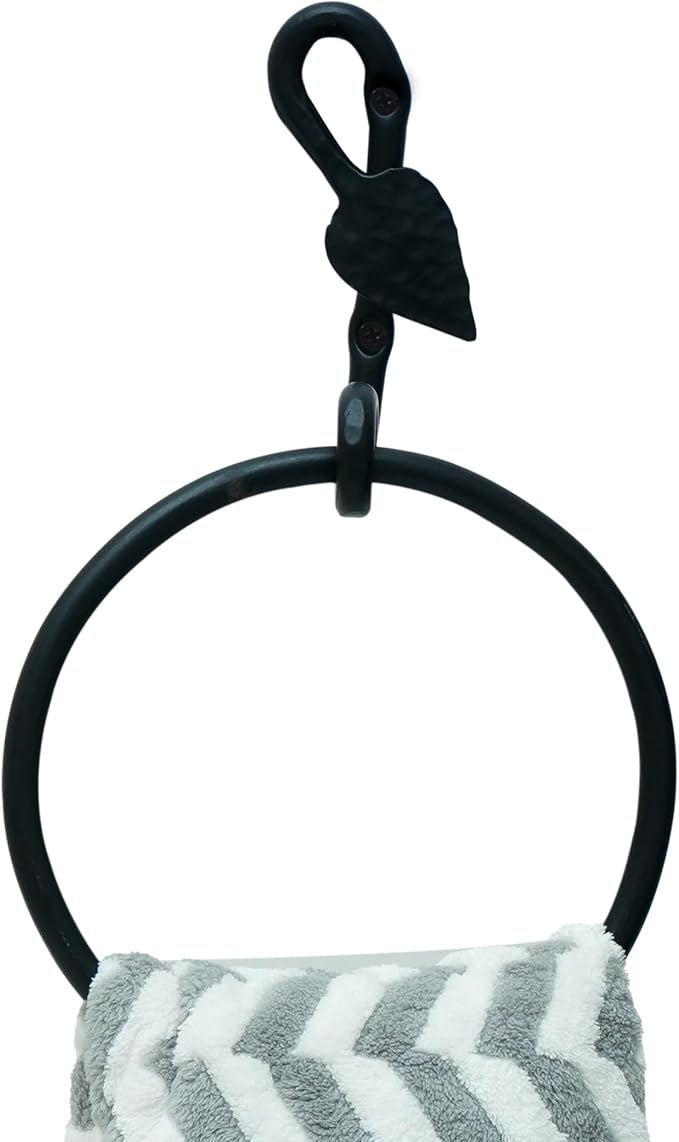 The Metal Magician Round Hand Towel Holder for Bathroom Wall - Kitchen Towel Ring - Aesthetic Design & Heavy Duty Durability - (Leaf-Shaped Wall Mount) - (Black)