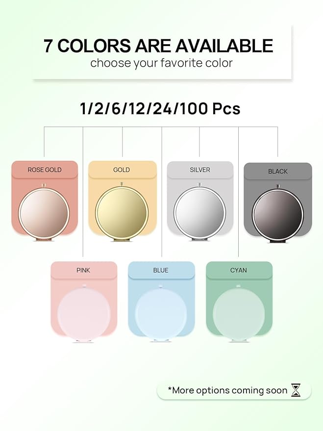 Compact Mirror for Purse, Pack of 24 Double-Sided 1X/2X Magnifying Metal Pocket Makeup Mirrors(Round, Cyan)