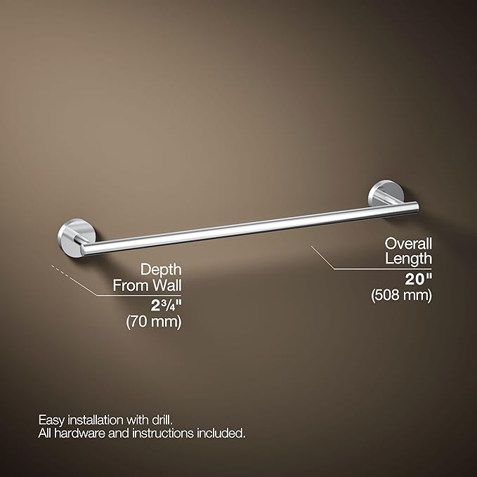 KOHLER K-27286-CP Elate® 18" Towel Bar, Minimalist Design, Premium Durable Metal, Corrosion Resistant, Polished Chrome