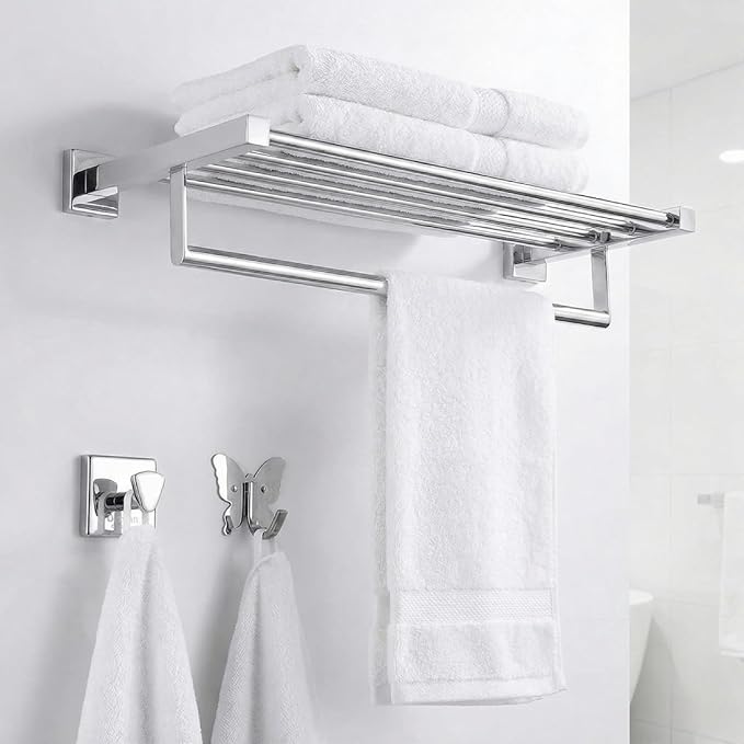 Roshan Handcrafted and Hand Polished Multi Purpose Towel Rack, Rust Proof and Peel Resistant Towel Shelf, Includes 2 Handmade Hooks (Polished Silver)