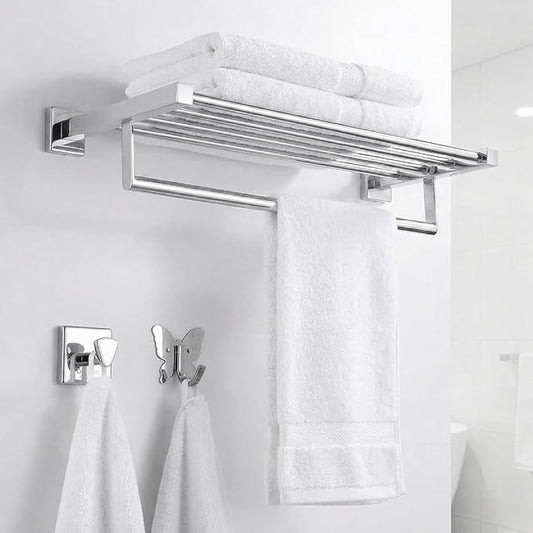 Roshan Handcrafted and Hand Polished Multi Purpose Towel Rack, Rust Proof and Peel Resistant Towel Shelf, Includes 2 Handmade Hooks (Polished Silver)