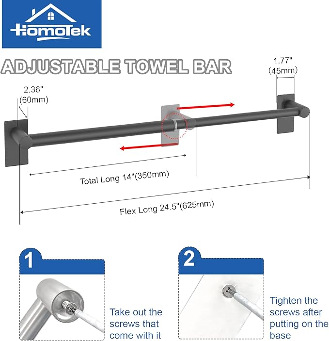 Adhesive Adjustable Towel Bar, Self Stick Bathroom Towel Holders, HOMOTEK Bathroom Rod Size from 14 Inch to 24.5 Inch Single Hanger for Kitchen(Thickened 1 Pack Matte Black)