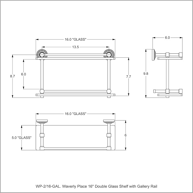 Allied Brass WP-2/16-GAL-GYM Waverly Place 16 Inch Double Glass Gallery Rail Shelf, Matte Gray