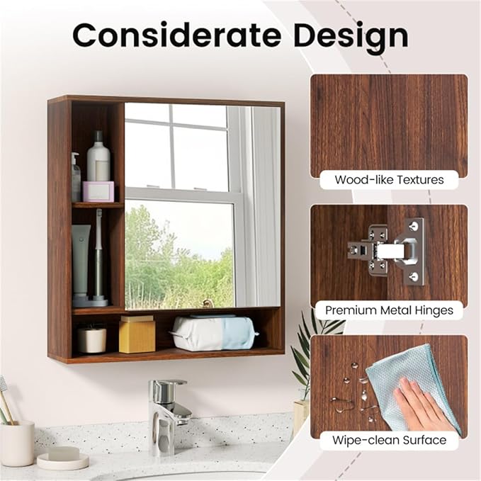 Space Saving Medicine Cabinet, Mirrored Bathroom Wall Cabinet with Hidden Storage Shelves, Walnut Finish Vanity Organizer, Medicine Cabinet with Hidden Storage, Space Saving Organizer for Bathroom