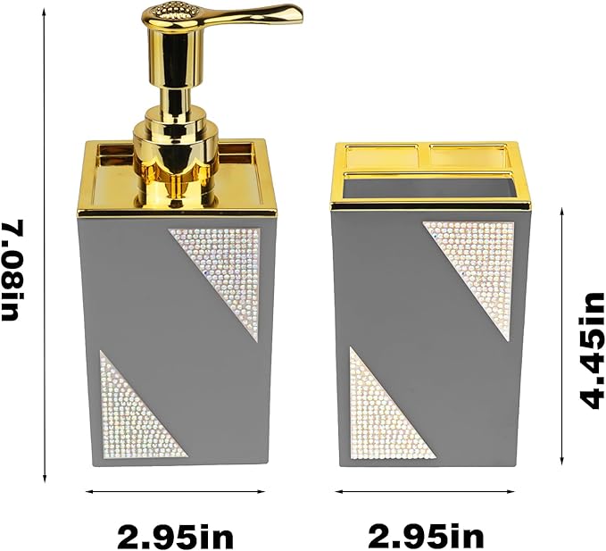 Bathroom Accessories Set, Square 2-Piece Gray Soap Dispenser & Toothbrush Holder with Sparkling Inlaid Diamonds, Modern Geometric Vanity Set