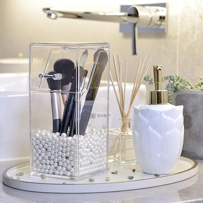 EUBUY Acrylic Makeup Organizer, Clear Cosmetic Makeup Brush Organizer and Storage Box with Cover for Vanity, Large-capacity Quickly Organize the Desktop(No pearls)