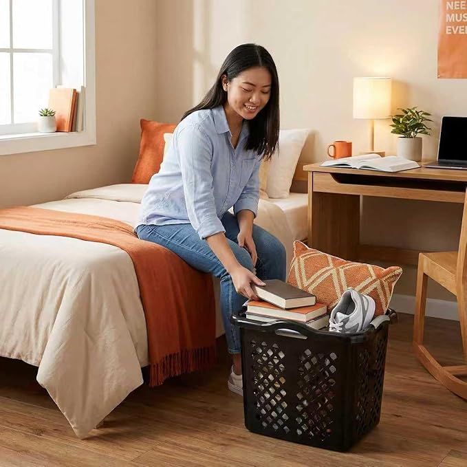2-Pack Plastic Laundry Hamper, 2 Bushel Large Laundry Basket with Silver Carry Handles, Easy Carry Dirty Clothes Hamper Bin for Home & Apartment