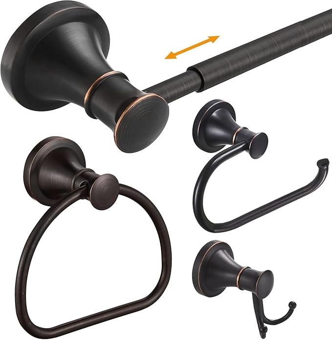 Oil Rubbed Bronze Brushed Black 4 Piece Set, Wall Mount Hardware with Adjustable Single Towel Bar Rack, Towel Ring, Toilet Towel Holder, Double Towel Hooks