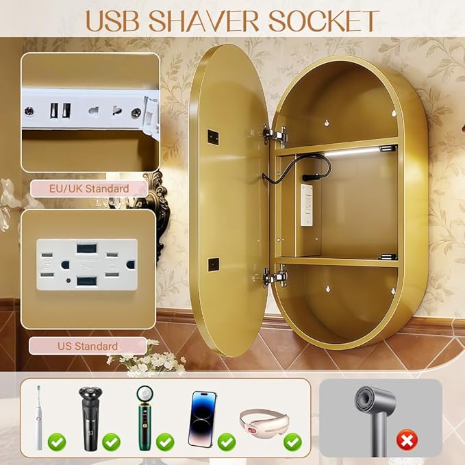 Oval Medicine Cabinet with Light,LED Medicine Cabinet,USB Shaver Socket,Internal Light,Steel with Powder Coating,Soft Closing Hinge,Gold,16×28inch