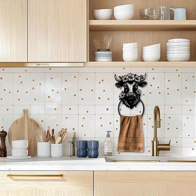 MAYJOYDIY Bull Head Flower Metal Towel Ring Cow Flower Towel Holder Animal Plants Wall Decor Towel Hanger Black Art Towel Rack Wall Mounted for Bathroom Kitchen Home Decors Gift