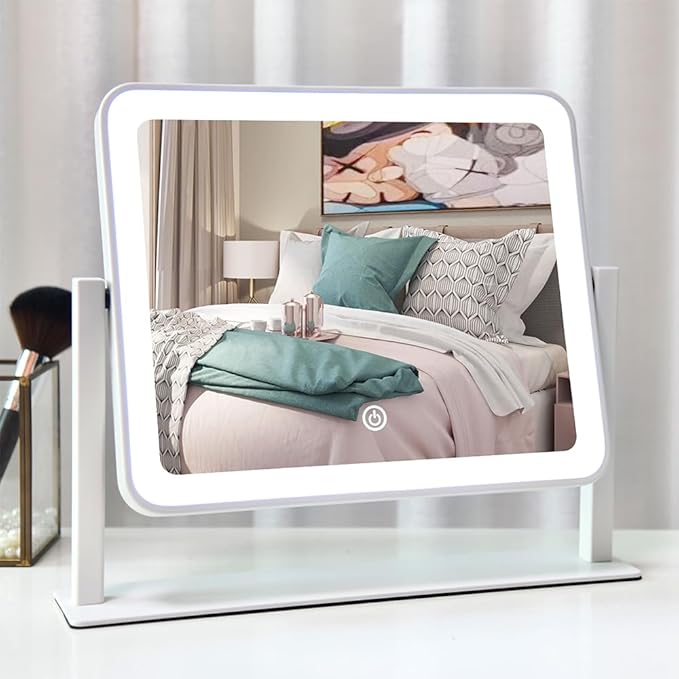Rechargeable Vanity Mirror with Lights,14"x12"LED Lighted Makeup Mirror,Large Makeup Mirror with Lights,Touch Screen with 3-Color Lighting,Dimmable,for Vanity Desk Tabletop,Bedroom