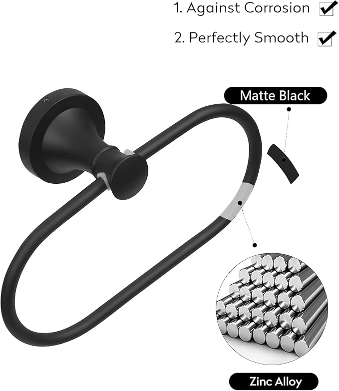 Black Bathroom Hand Towel Holder, Matte Black Towel Ring Holder, Wall Mounted Oval Towel Rack Hanger Home Half Round Bathroom Hardware Accessory Modern