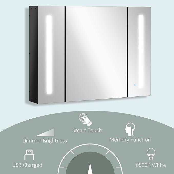 kleankin Wall Mounted Mirror Cabinet,LED Lighted Medicine Cabinet with 3 Doors, Adjustable Shelves, Memory Function and USB Charge, High Gloss Black