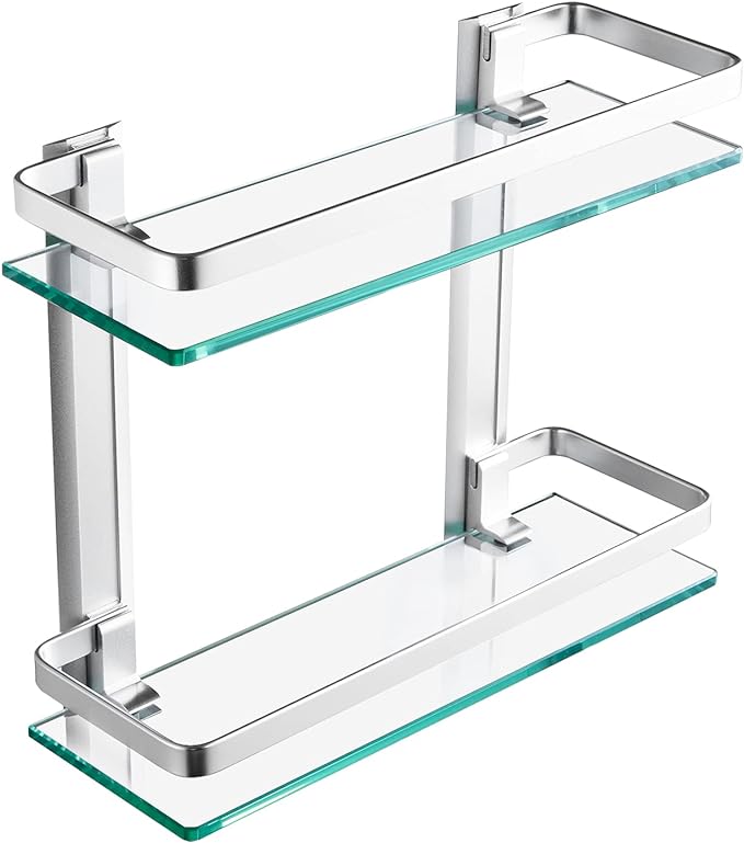 KES Bathroom Glass Shelf for Bathroom 2 Tier, Glass Storage Wall Mounted Tempered Glass and Aluminum Silver, A4126B