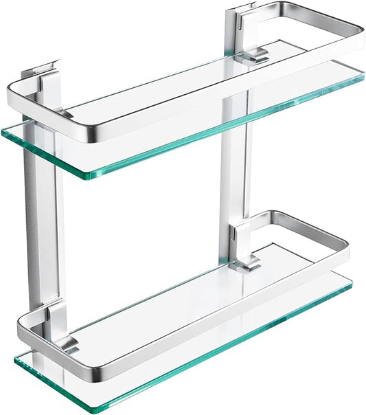 KES Bathroom Glass Shelf for Bathroom 2 Tier, Glass Storage Wall Mounted Tempered Glass and Aluminum Silver, A4126B