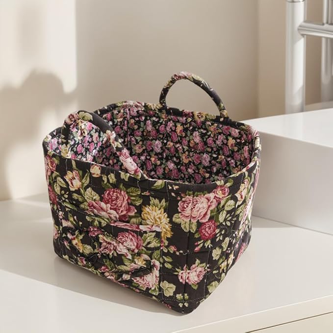 Quilted Fabric Storage Basket Boho Floral Laundry Hamper with Handle Foldable Floral Basket Organizer for Car Bedroom