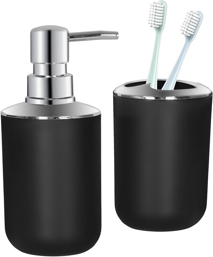 Black Bathroom Accessories Set 2 PCS, Black Bathroom Accessories, Plastic Soap Dispenser and Toothbrush Holder Set, Boho Bathroom Decor, Bathroom Set